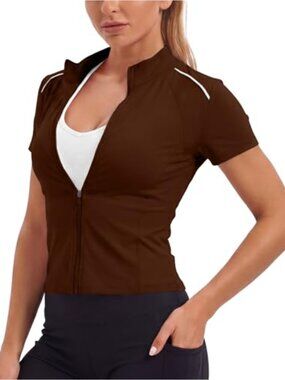 Women's Full Zip Short Sleeve Athletic Jacket - Slim Fit Polyester Spandex